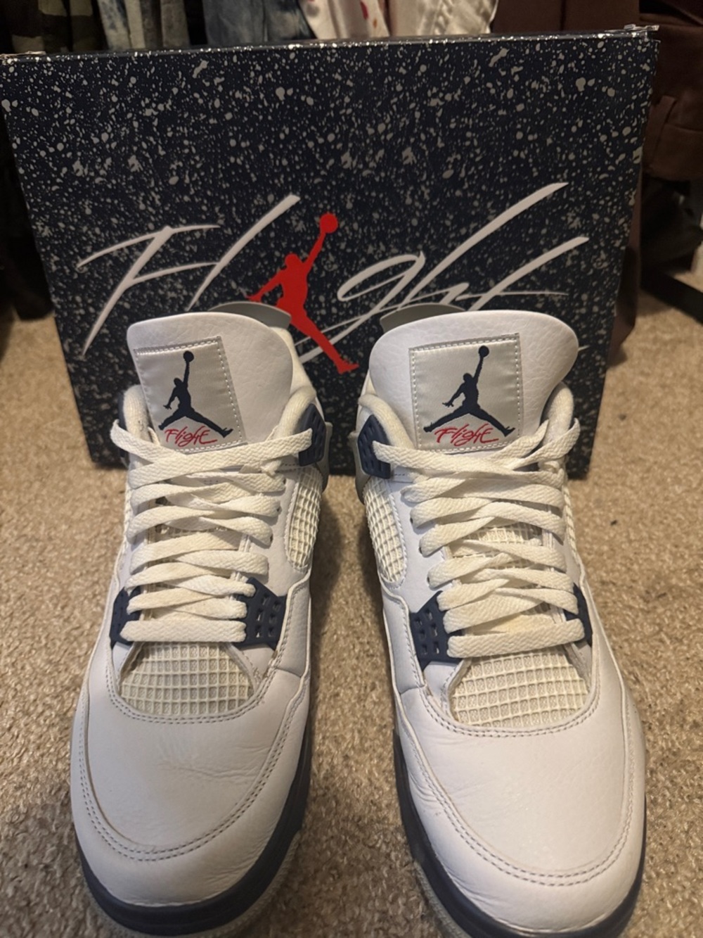 Air Jordan 4 midnight navy -White and Navy Retro Basketball Sneakers